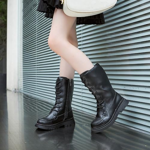2025 Fashion Girls Boots Combat Boots PU Leather Lace Up Side Zipper Booties Mid Calf Platform Boot2