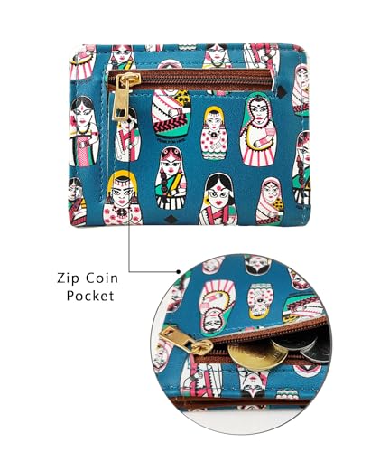 Image of Funk For Hire Unisex Vegan Leather Small Card Wallet Teal Mini Bifold Wallet with 6 Card Slots Cash Compartment & Zipper Coin Pouch Compact Lightweight Durable Faux Leather