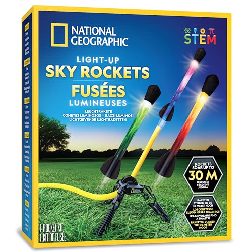 NATIONAL GEOGRAPHIC Fusée à Air pour Enfants – Lanceur de Fusées LED, Saute et Propulse des Fusées en Mousse jusqu'à 30,5 Mètres, Jeux de Plein Air