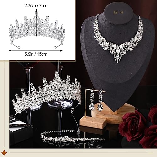 Inbagi 4 Pcs Quinceanera Crowns Costume Jewelry Sets Bride Wedding Crystal Queen Crowns Rhinestone Necklace Dangle Earrings Link Bracelet Set (Silver)2