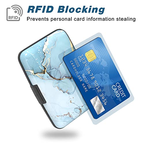 Image of Credit Card Holder, Mini Aluminum Card Wallet RFID Blocking Slim Metal Hard Card Case for Women Men, Blue Marble