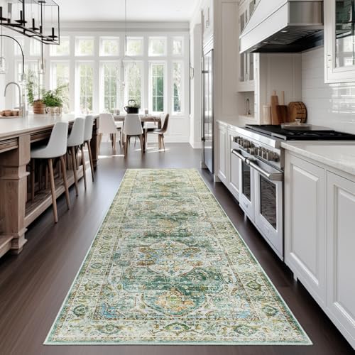 Madane Runner Rug 2x8, Washable Hallway Runner Rugs, Non-Slip Low-Pile Soft Kitchen Rug Runner Laundry Room Rug, Vintage Throw Entry Foyer Mat for Entrance Living Room (Green, 2 x 8)
