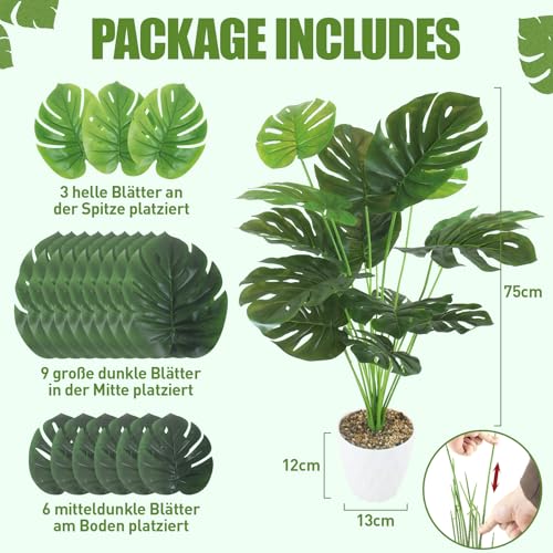Monstera Kunstpflanzen Groß, 75cm Hoch 18 Zweige Kunstpflanze Splitphilo im Topf Künstliche Pflanzen Plastik Pflanze Deko Modern Wohnzimmer Balkon Schlafzimmer Zimmer Hochzeit Party – Bild 4