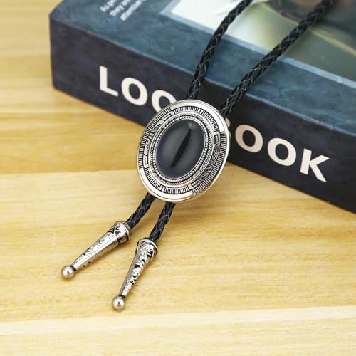 Image of Vintage Western Cowboy Rodeo Black Agate Bolo Tie for Men Women | Premium braided leather, adjustable sliding clasp, anti-tarnish alloy pendant, versatile western bolo tie