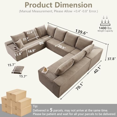 Image of Sectional Cloud Couch for Living Room, Big Comfy Corduroy Couches Set with Fluffy Memory Foam, Modular Floor Deep-Seat Sofa, Stupendous U Shaped Sofas with 12 Pillows, No Assembly Required, Camel