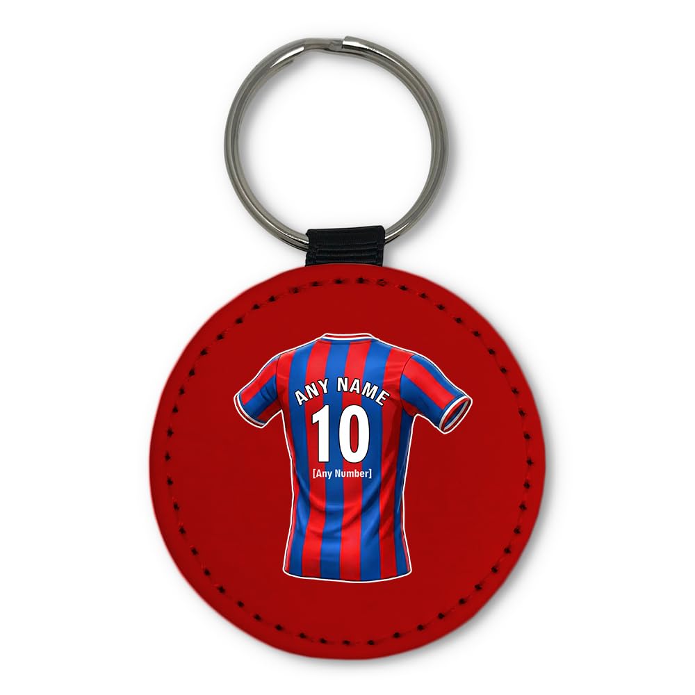 UNIGIFT Personalised Gift - South London Football Fan Red Round Keyring (Red and Blue Stripes Jersey Design) Custom Name Keychain - Croydon SE25 Club