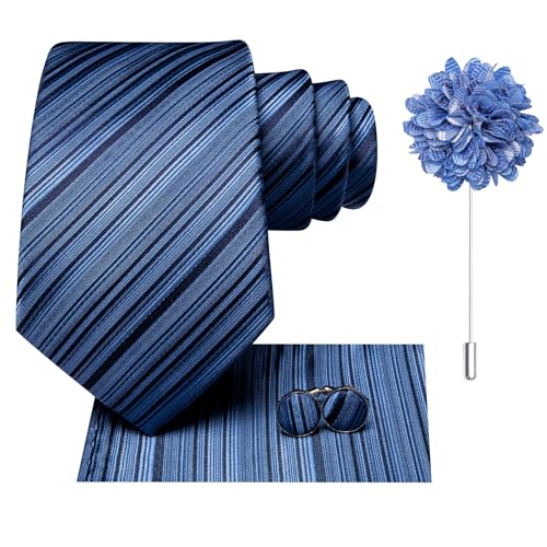 Image of Hi-Tie Men Silk Ties Set with Flower Lapel Pin Necktie Pocket Square Cufflinks for Tuxedo Wedding Business