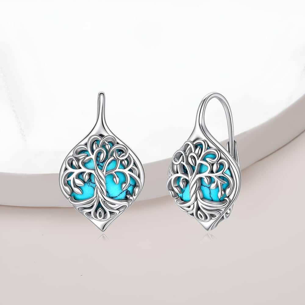 Turquoise Earrings Tree of Life Earrings for Women Sterling Silver Tree of Life Turquoise Jewelry Dangle Drop Leverback Gifts - Image 8