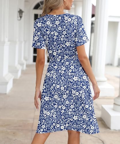 Image of NILOUFO Women's Summer Short Sleeve Casual Dress Wrap V Neck Party Midi Dresses with Pockets