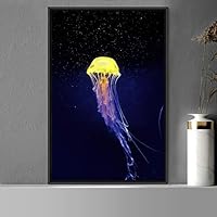 Framed Canvas Wall Art Jellyfish Bedroom Colorful Jellyfish Marine Life Multicolor Neon Photography Tropical - 16x24 inches