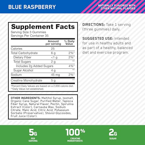 Image of Optimum Nutrition Creatine Monohydrate Gummies, Blue Raspberry Flavor, 105 Count, 35 Servings, 5g Creatine per Serving (Packaging May Vary)