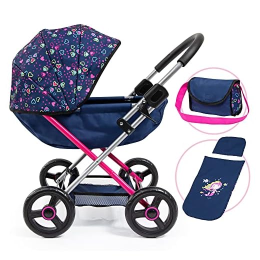 Bayer Design Dolls: Pram Cosy - Blue, Pink, Hearts - Includes Blanket & Shoulder Bag, Fits Dolls Up to 18", Features Soft Handle, Two Color Frame, Big Wheels for Easy Swiveling, Ages 3+