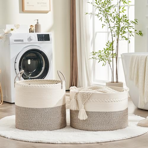 Image of KAKAMAY Large Blanket Basket (20 inchx13 inch),Woven Baskets for storage Baby Laundry Hamper, Cotton Rope Blanket Basket for Living Room, Laundry, Nursery, Pillows, Baby Toy chest (White /Beige)