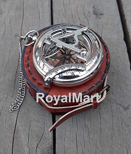 Brújula de latón Royalmart con reloj de sol, mecanismo de botón de presión y grabado vintage estilo steampunk miniatura 2