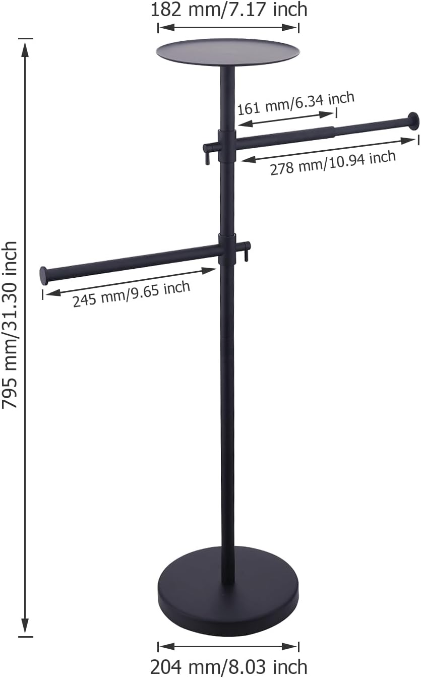 Towel Rack Stand with Shelf, SUS 304 Stainless Steel Freestanding 2-Tier Towel Holder for Bathroom - Adjustable Height, 360° Rotation, Matte Black