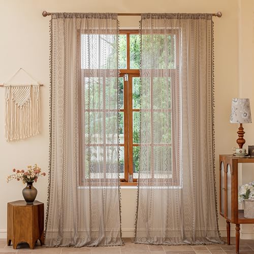 Image of MYSKY HOME Boho Lace Sheer Curtains with Tassels 96 Inch Length 2 Panels Vintage Floral Bohemian Rustic Crochet Geometry Striped Rod Pocket Drapes for Living /Dining Room Bedroom, 55 inch Wide, Brown