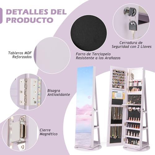 Armario de joyería giratorio con espejo de cuerpo entero y luces LED 4