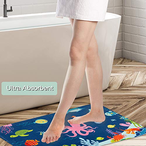 Rosielily Octopus Bath Mat, Super Soft And Absorbent Shaggy Plush Nautical Sea Bath Rugs For Kids, Cartoon Octopus Undersea Animals World Bathroom Rug Mat, Thicken, Non Slip, 24''X16'' #TOP4