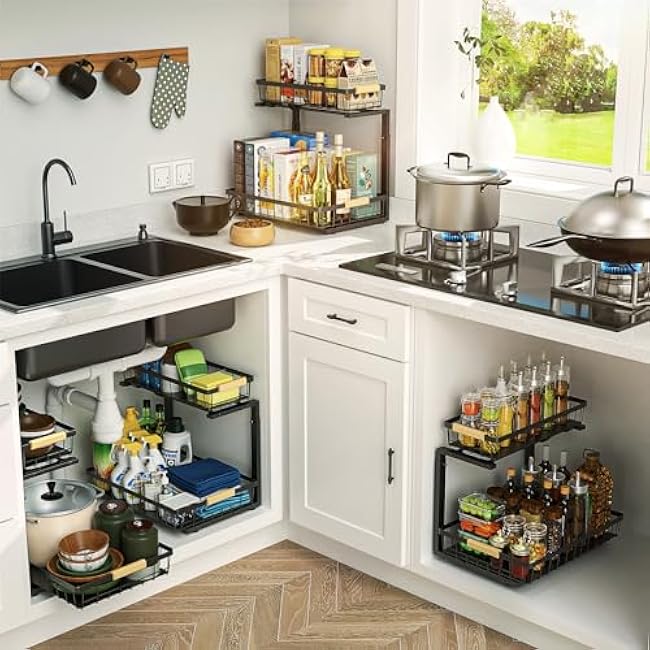 NATURE'S SOURCE Metal Under Sink Organizers Cabinet Drawers Organizer for Kitchen Bathroom Black