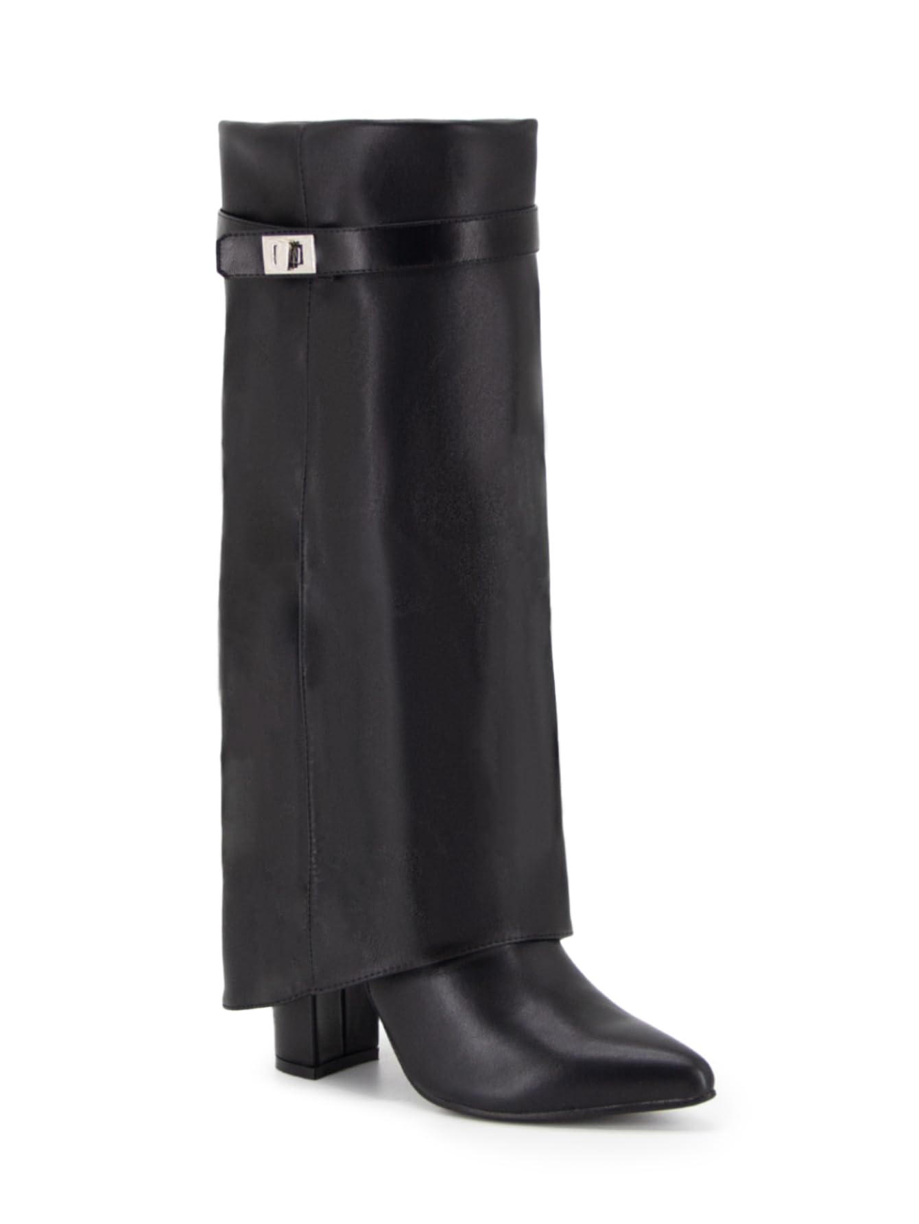 Knee High Boots Fold Over Boots Wide Calf Womens Chunky High Heel Pointed Toe Long Tall Boots