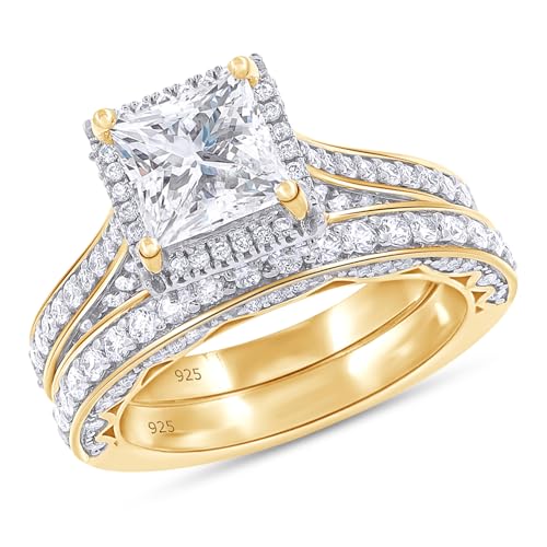 6MM Center Princess Cut Bridal Set Ring 2 Cttw Lab Created Moissanite Halo Engagement Wedding Ring For Women In 14K Gold Plated Sterling Silver (Clarity-VVS1)