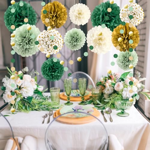 Image of KAXIXI Sage Green Wedding Party Decorations, Green and Gold Tissue Paper Pom Poms Circle Garland for Bridal Shower Baby Shower Wedding Birthday Engagement Party Decorations, 17PCS