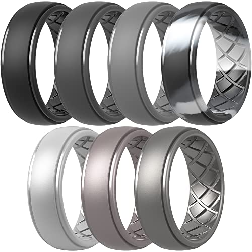 ThunderFit Men Silicone Wedding Rings, Breathable Criss Cross Pattern Wedding Bands - 8mm Wide, 2mm Thick (7 Rings Combination B - Size 15.5 - 16 (24.5mm))