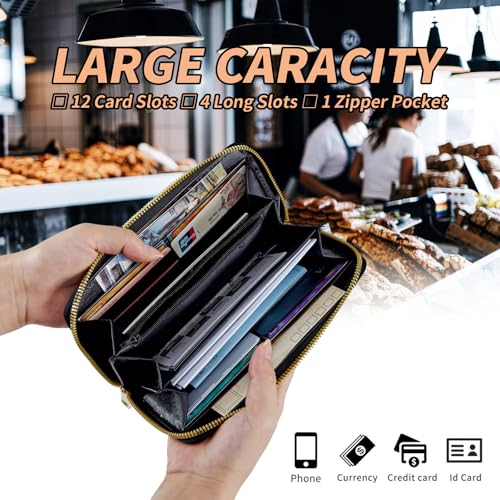 Women's RFID Blocking Wallet PU Leather Slim Bifold Wristlet Clutch with Large Capacity,16 Card Slots & Zipper Coin Purse Pocket Ladies Travel Purse Wristlet,Cute Cartoon Cats And Dogs3