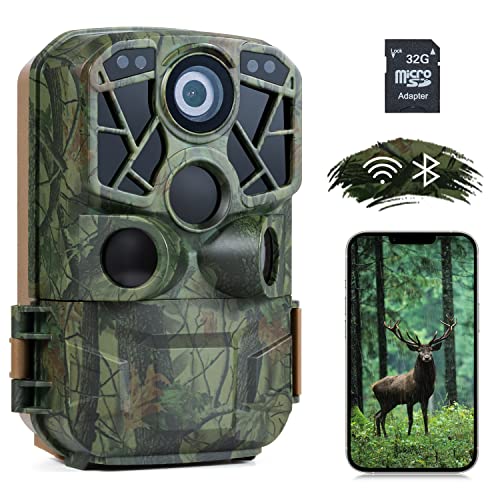 WiFi Trail Camera, 4K 24MP Bluetooth Wildlife Camera 120° Monitoring 0.2s Triger Speed and Trigger Distance Up to 100 Feet Hunting Camera with 32G SD Card IP66 Waterproof for Outdoor