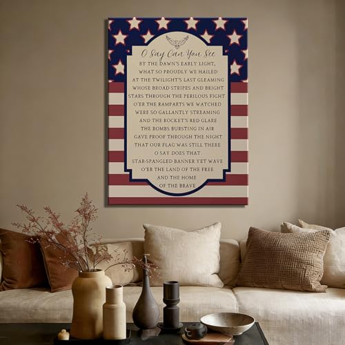Image of Patriotic O Say Can You See Wall Decor 24x36 In, Star Spangled Banner National Anthem Canvas Art, 4th of July Independence Day Framed Prints for Home & Office, Made in USA