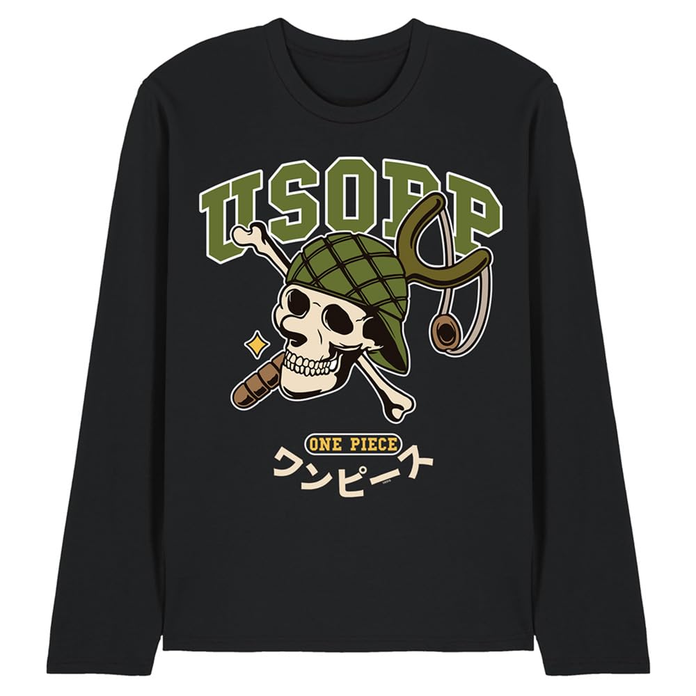 One Piece Usopp Collegic Skull Unisex Long Sleeve T-Shirt, Black, XX-Large
