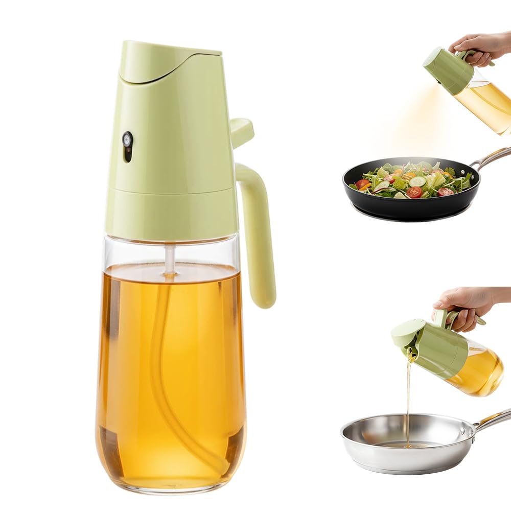 2-in-1 Glas-Ölsprüher und -spender, 2024 Upgrade, große 600 ml Olivenölspenderflasche für Küche, Lebensmittelqualität, Ölnebel, Sprühflasche zum Kochen, Luftfritteuse, Braten, Grillen (Grün, 600 ml)