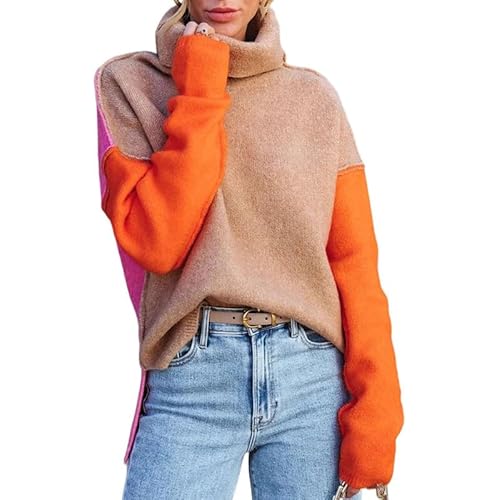 Dokotoo Womens Turtleneck Sweaters Casual Long Sleeve Color Block Side Slit Pullover Knit Jumper Tops