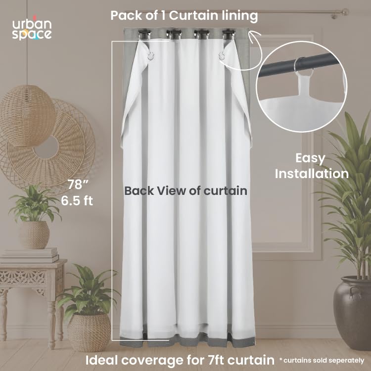 Image of Urban Space Cotton Curtain Lining for Door, White Door Sinlge Curtain Lining Panel 48 inch x 78 inch, Extra 50% Sun & Heat Blocking Curtains with 8 Steel Rings, 1 Peice (White, 7 Feet)
