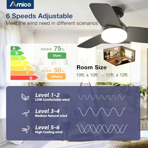 Image of Amico Ceiling Fans with Lights, 30 inch Low Profile Ceiling fan with Light and Remote Control, Flush Mount, Reversible, 3CCT, Dimmable, Noiseless, Black Ceiling Fan for Bedroom, Indoor /Outdoor Use