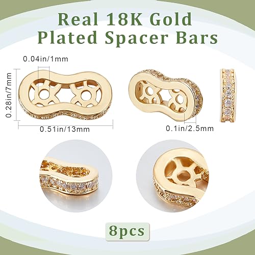 Beebeecraft 1 Box 8Pcs Spacer Beads 18K Gold Plated Brass Cubic Zirconia 2 Holes Spacer Bar Beads Link Connectors 13mm Long Beads for Jewellery Making Bracelets Necklace - Image 2