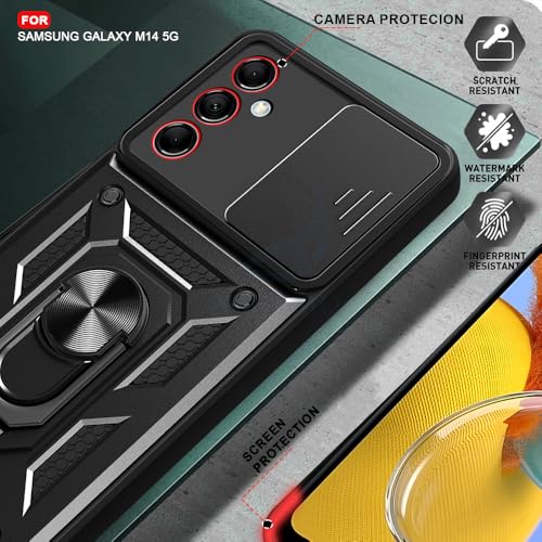 Image of AESTMO Tough Armor Samsung Galaxy M14 5G Bumper Back Case Cover | Ring Holder & Sliding Camera Shield Cover | 360 Degree Protection Back Case Cover for Samsung Galaxy M14 (Black)