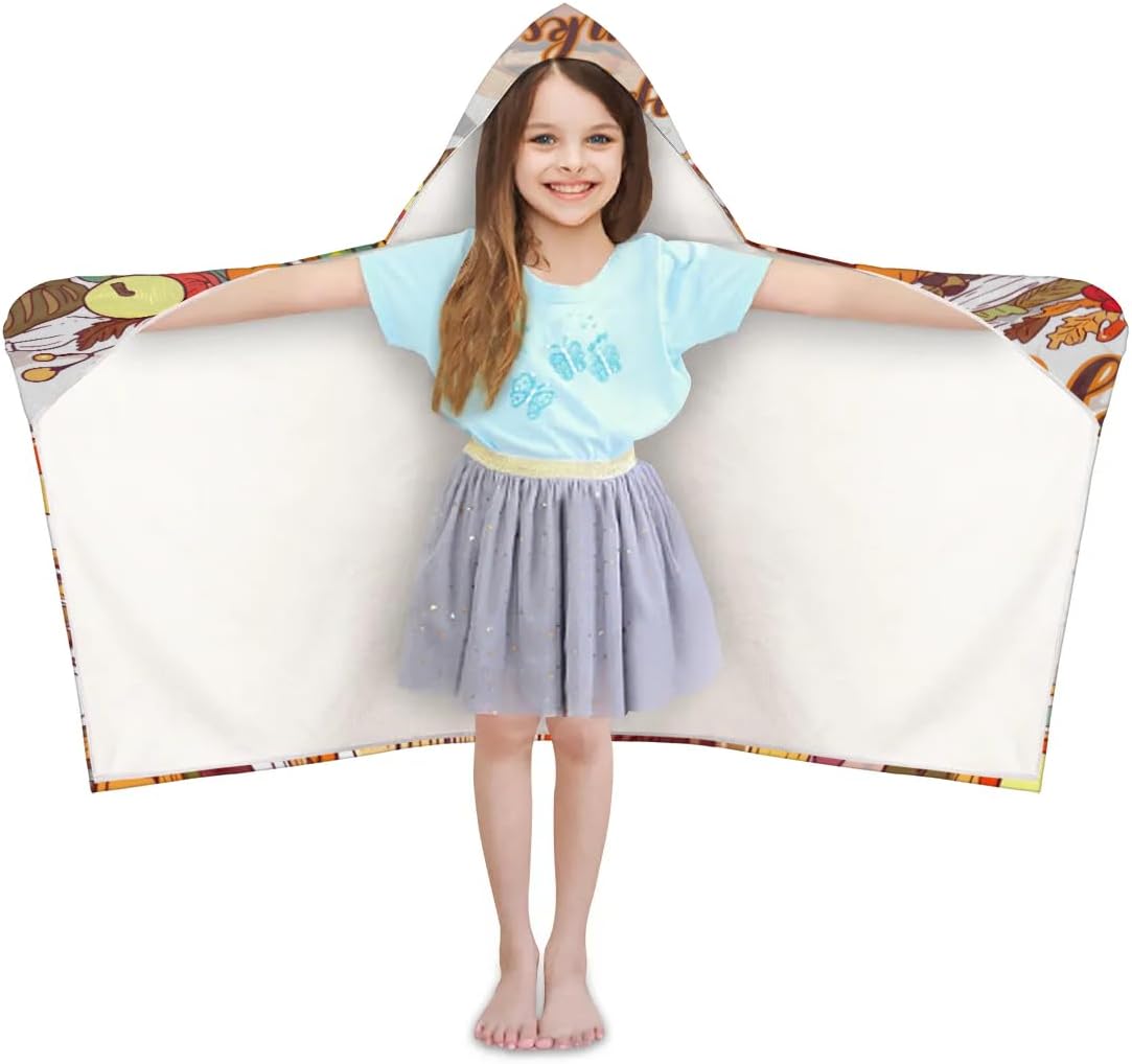 Pardick Kid Bath Towels Happy Thanksgiving Kids Towel with Hood for Girls Boys Beach Towel Pool Cover Up Soft Absorbent Toddler Hooded Bath Towel for Shower, Beach