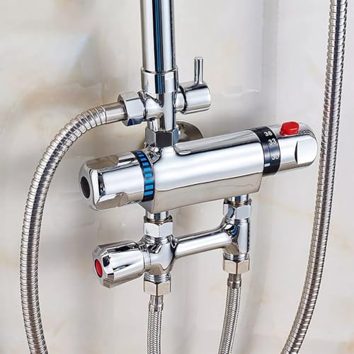 Rehoetom Grifo mezclador de ducha termostático cromado con salida G1/2, construcción de aleación para un control preciso de la temperatura de 38 °C y fácil