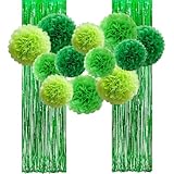 12pcs Lucky Green Paper Pom Poms, 1pcs Green Metallic Tinsel Foil Fringe Curtains for Birthday Wedding Party Fiesta St. Patrick's Day Indoor and Outdoor Decoration
