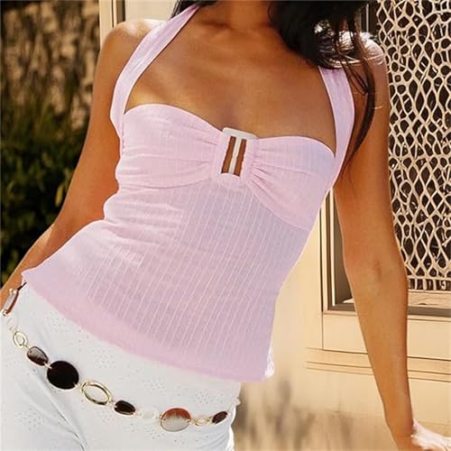 Thopavenoir Women Y2k Halter Sweetheart Neck Tank Tops Sleeveless Buckle Decor Ruched Vest Bodycon Backless Cutout Camisole3