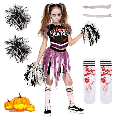 TISMHGKU Disfraz Animadora Zombie Niña, Disfraces Zombies de Mied con Calcetines, Gomas para el Cabello y Pompones, Terrorífico Traje Halloween Cheerleader para Fiesta de Disfraces (XL(12 14 años))
