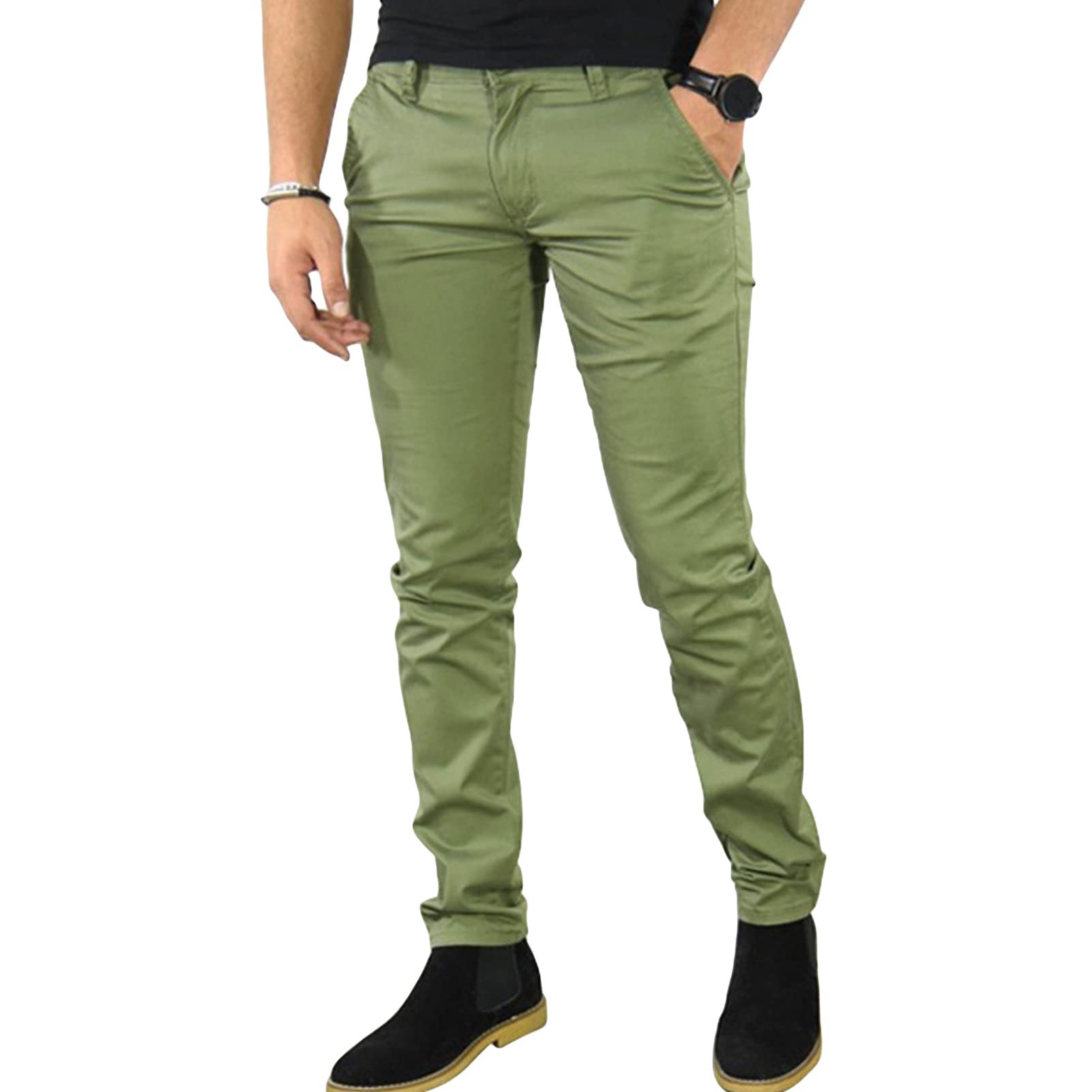Mens Stretch Plain Dress Pants Solid Skinny Business Flat Front Golf Pant Classic Fit Tapered Chino Trousers