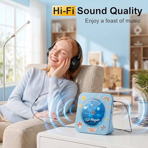 Image of Gueray CD Player Portable Bluetooth Desktop CD Player for Home with Timer Built-in HiFi Speakers with LCD Screen Display Boombox FM Radio USB Type-c (Blue)