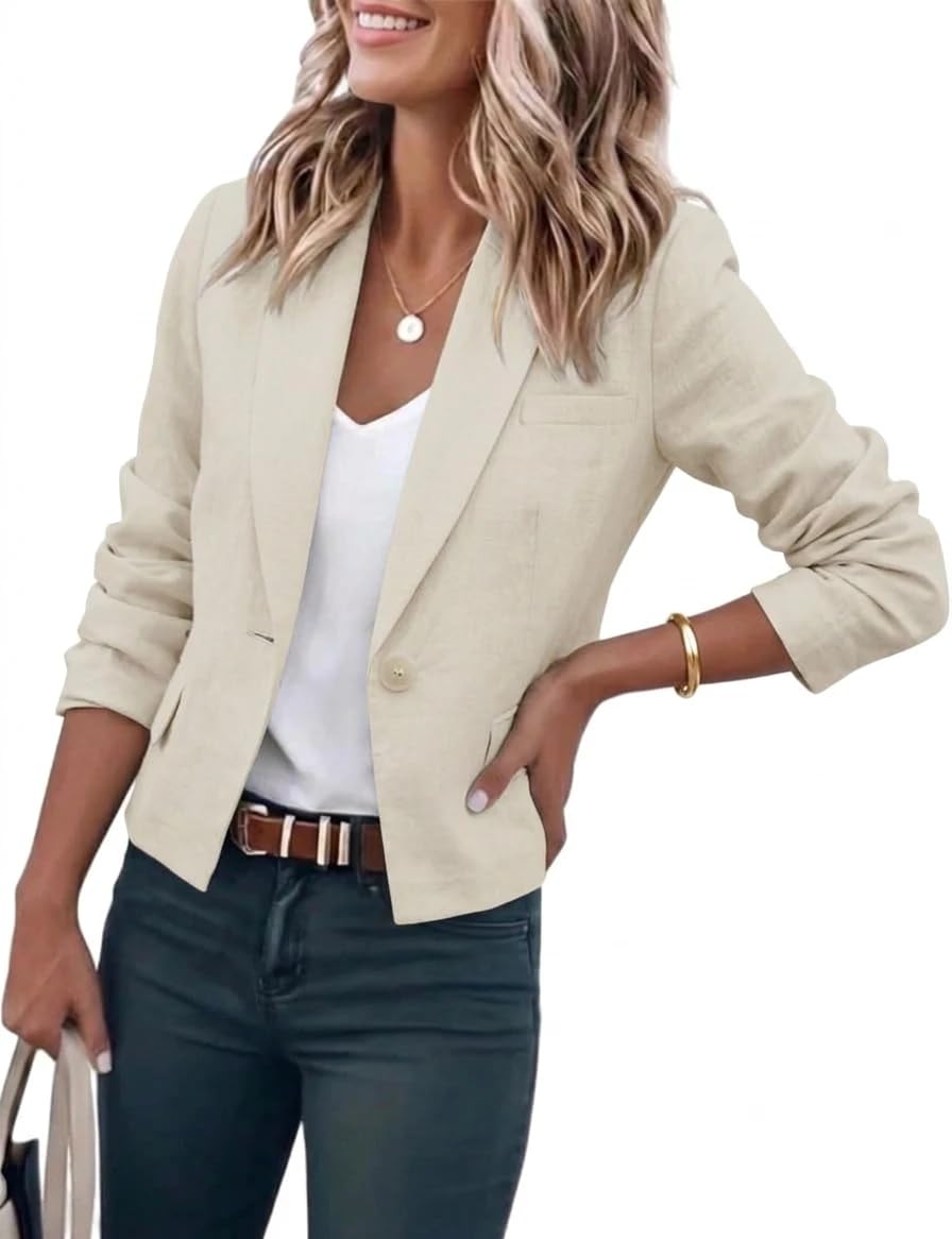 IDEALSANXUN Womens Cropped Blazer Casual Lightweight Cotton Linen Blazer Suit Jackets, Beige, M