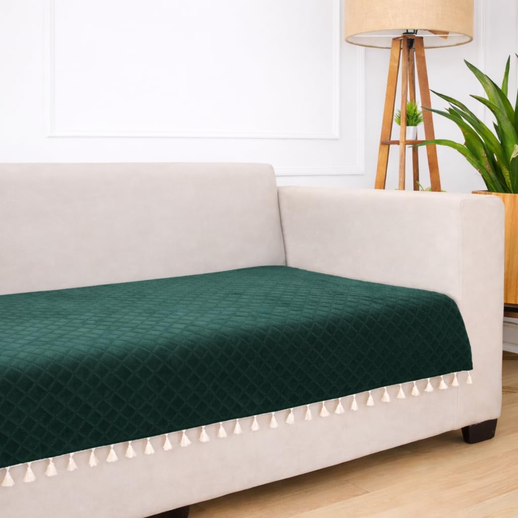 Brick Home 1 Seater Quilted Velvet Sofa Cover Protector with Tassel (Dark Green)