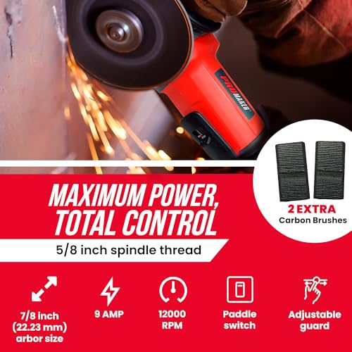 PROMAKER 9 Amp Angle Grinder, 4-1/2 in. with Paddle Switch, 12000 RPM Angle Grinder Tool, Adjustable Guard Hand. Include Grinding Wheel, 4 Flap Discs, 2 Extra Carbon Brushes & 2 Years Warranty - Image 2