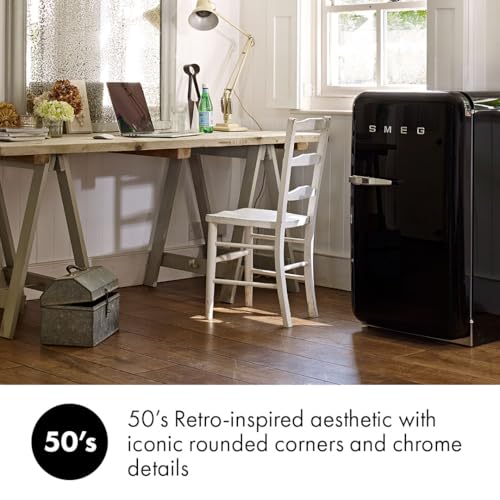 Image of Smeg FAB5 16 inch 50's Retro Style Series Compact Cooler with 1.5 cu. ft. Capacity Automatic Defrost LED Interior Lighting and Adjustable Shelves Right Hand Hinge Made in Italy (Black)