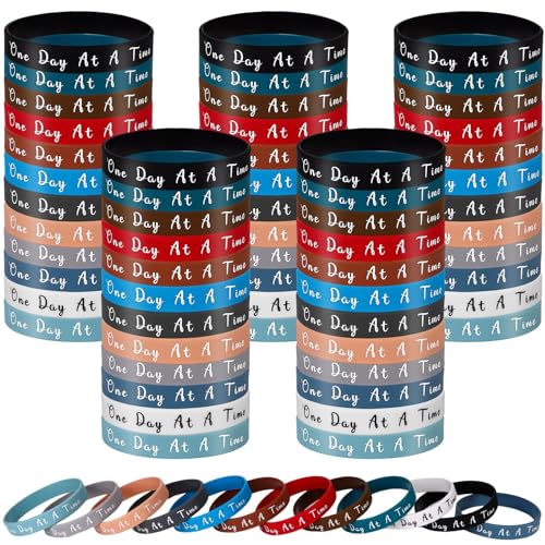 60 Pcs One Day at a Time Silicone Motivational Wristbands 12 Color Inspirational Rubber Wristband Bracelets Sobriety Gifts for Addiction Recovery Sober Anniversary Alcoholics Anonymous Men and Women