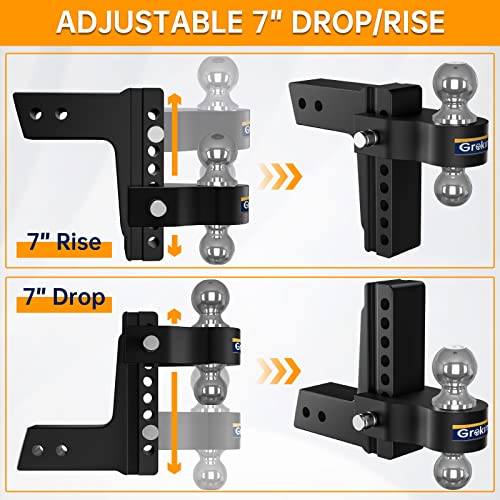 Groking Adjustable Trailer Hitch Ball Mount, Fits 2.5" Receiver, 7 Inch Drop Hitch, 18,500 Lbs, 2 Inch & 2-5/16 Inch Steel Dual Ball Hitch, Black Forged Solid Aluminum Hitch With Dual Hitch Pin Lock #TOP3